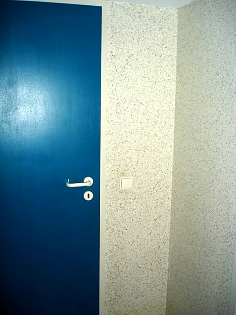 Blau lackierte Tür neben einer Wand mit Strukturputz